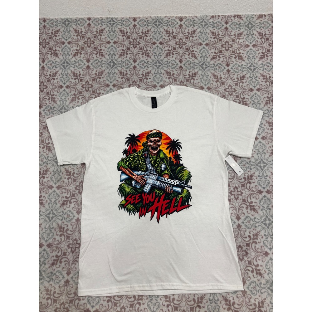 Gildan See You In Hell Skeleton Soldier Graphic T-Shirt White Large G5000